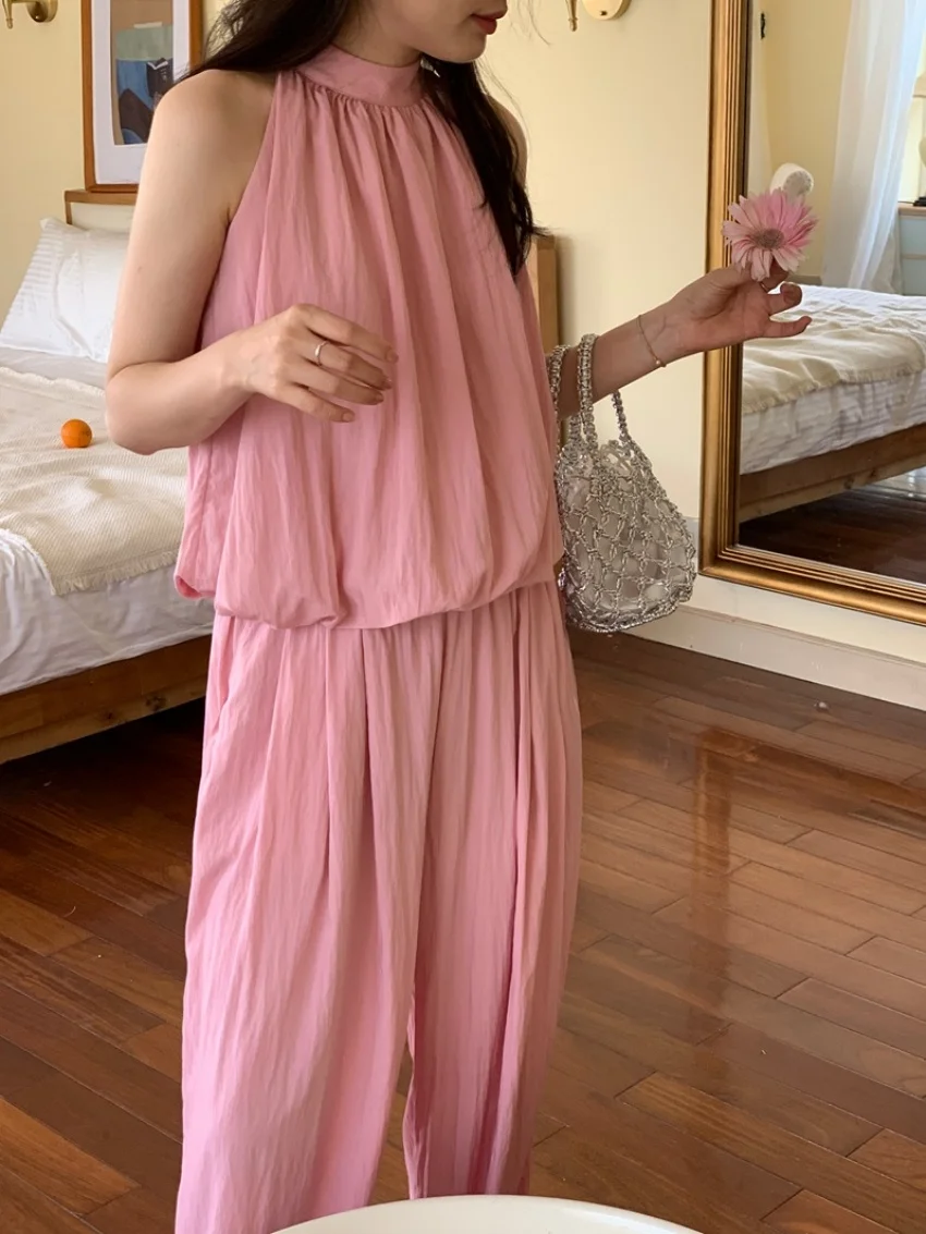 Alien Kitty Pink Off Shoulders Sweet Blouses Women Chic Loose Summer Gentle 2025 Wide Leg Straight Pants Office Lady Casual Sets