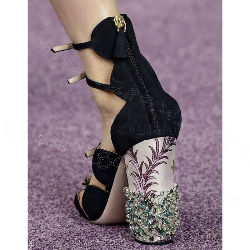 Sandálias femininas com estampa floral, salto de cristal, fivela preta, zíper traseiro, salto alto grosso, festa, banquete, 2025 zapatos para mujere