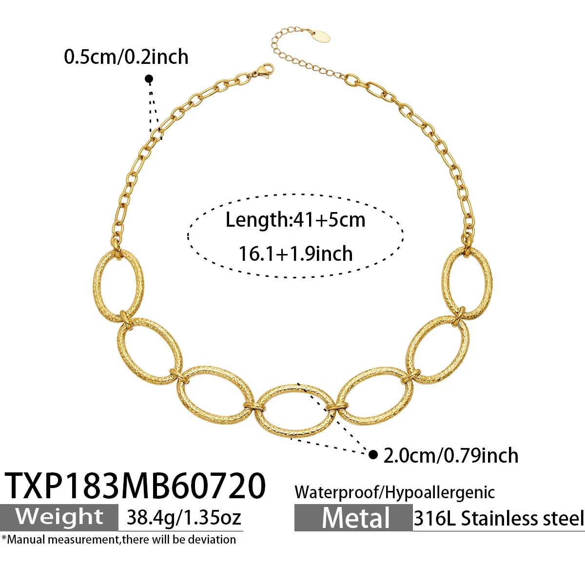 Strukturierte Ovale Ketten-Halskette und Armband Set aus Edelstahl, 18k Vergoldet für Damen – Detail 4
