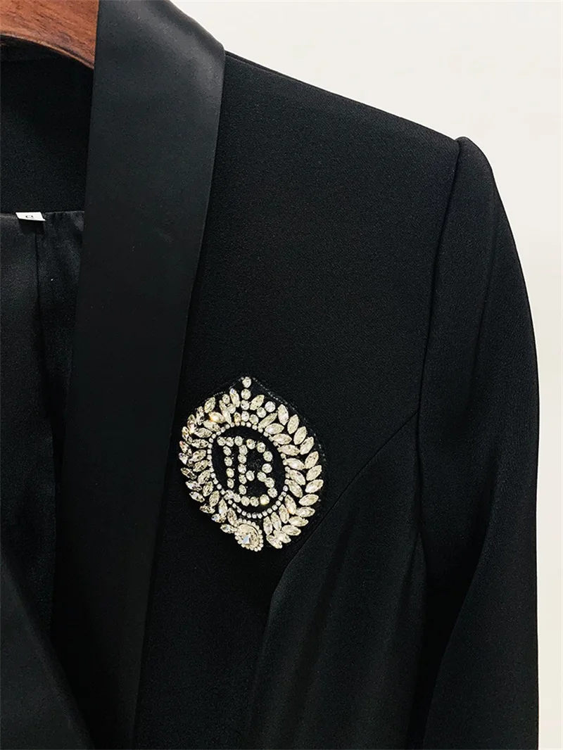 Traje largo con insignia de cuentas para mujer, de doble botonadura Falda de tubo, cuello de Chal, Tops únicos de satén, Blazer delgado de manga larga, lo más nuevo en Stock