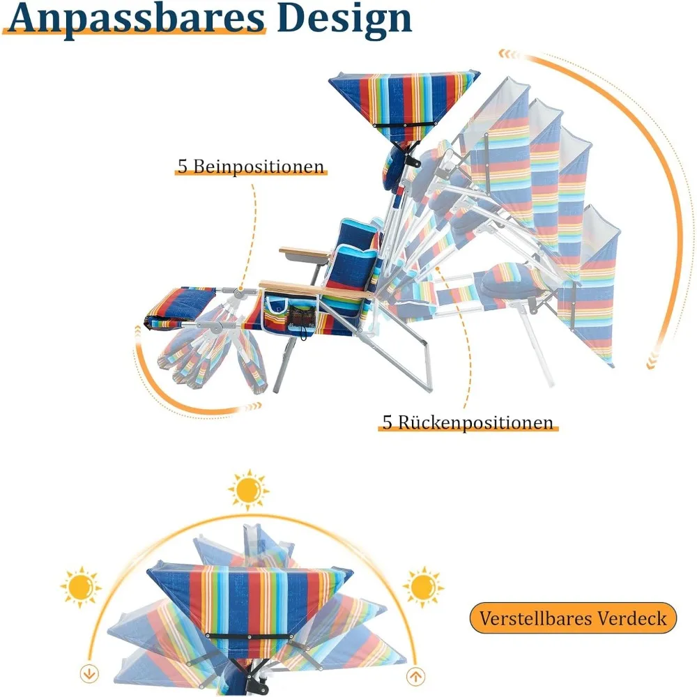 كرسي شاطئ 4 في 1 مع مظلة وكرسي تسمير البشرة وفتحات للوجه والذراع ووسادة قطنية ومساند للذراع للاسترخاء النهائي