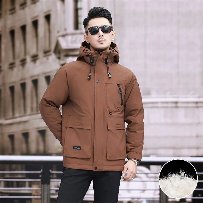 Men's down jacket, national standard white duck down filled workwear warm jacket, autumn and winter hooded casual parka