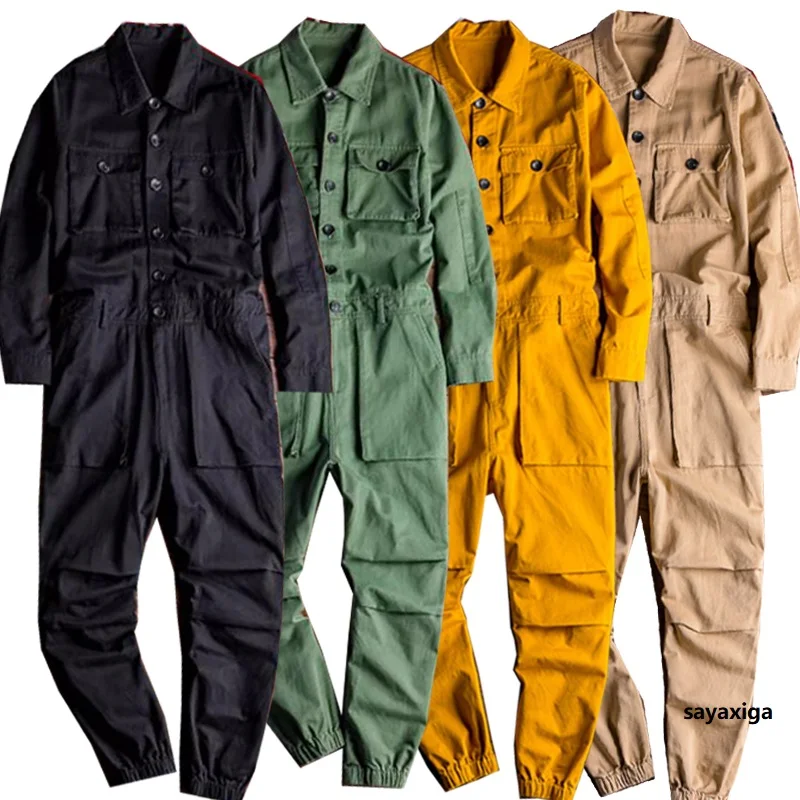 Men\'s Jumpsuit Lapel Long Sleeve Multi-pocket Ankle Length Beam Feet Overalls Fashion Black Yellow Freight Trousers Cargo Pants