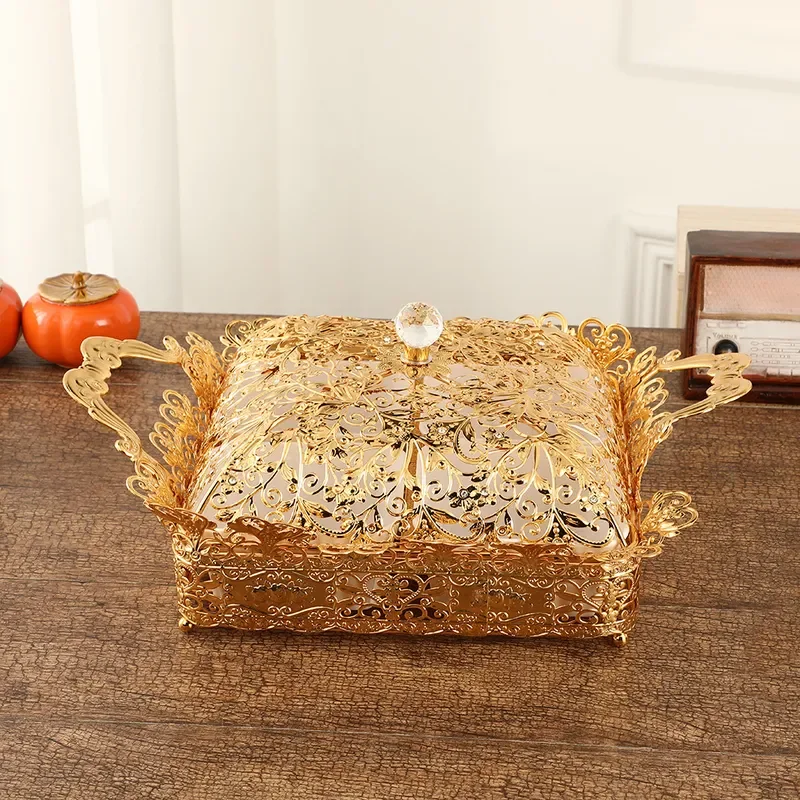 Golden Single Layer Dried Fruit Box European Classical Style Snack Basket with Lid for Hotel KTV Coffee Table Home Decoration