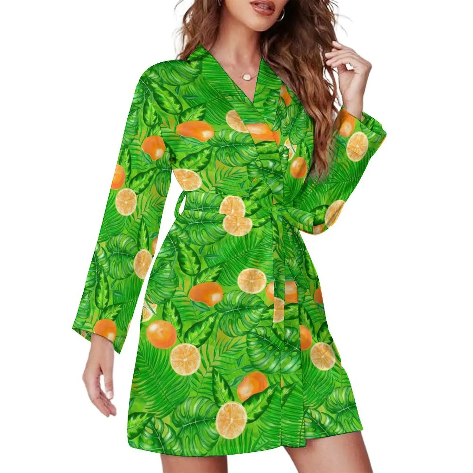 Fruit Print Pajama Robe V Neck Oranges And Tropical Leaves Custom Sleepwear Women Long-Sleeve Pajamas Robes Autumn Casual Dress