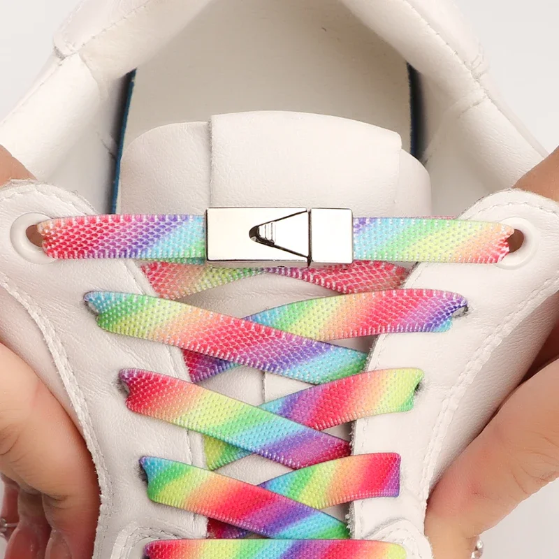 Rainbow Gradient Flat Shoelaces for Sneakers Without Ties Press Locks 8MM Width Elastic Shoelace Men Women Sports Shoes Laces