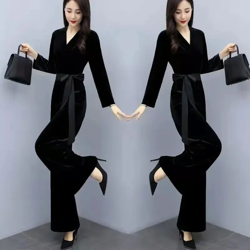 Women\'s Fashion Jumpsuit 2024 Spring New Slim Fit Jumpsuit Wide Leg Pants Black Women\'s Clothing