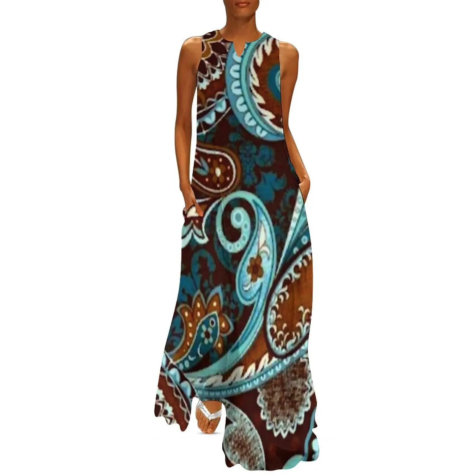 

Turquoise Brown Vintage Paisley Long Dress sexy dress for women Woman dresses Women's clothing
