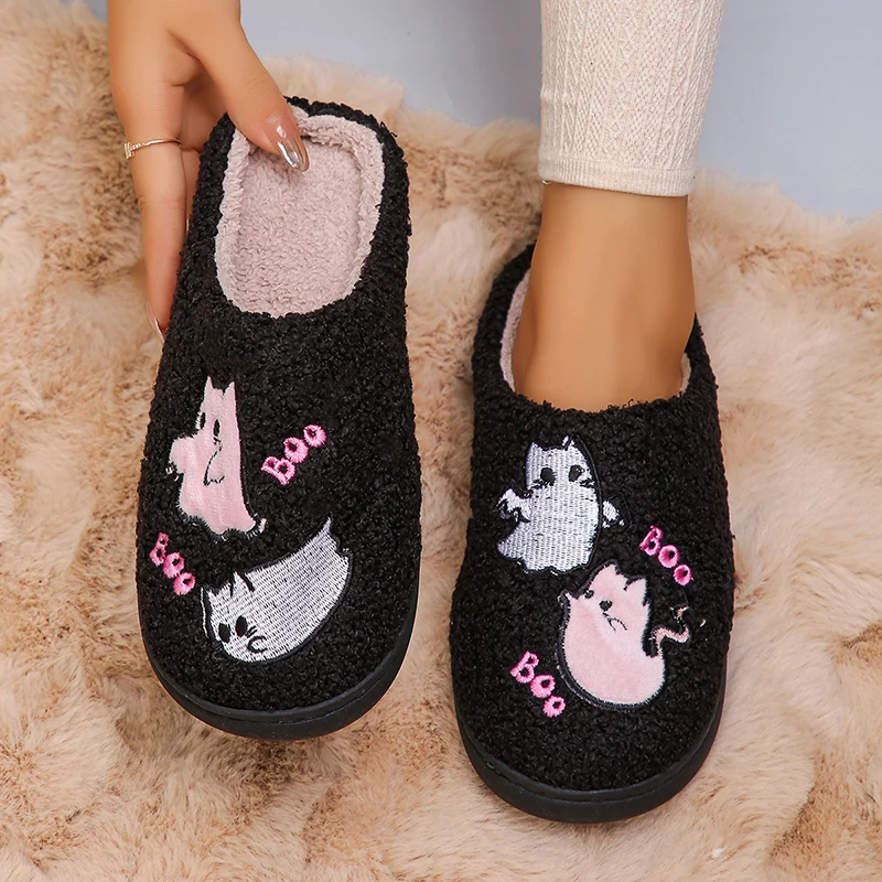 Halloween Style Fluffy Slippers Women Winter Indoor Soft Sole Warm Home Slippers Woman Closed Toe Flat Heel Plush House Slides