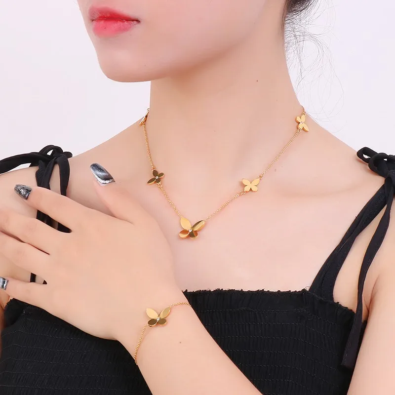 Fashion Chain Butterfly Necklace Bracelets For Women Gold Silver Color Stainless Steel Rhinestone Women Wedding Jewelry Sets