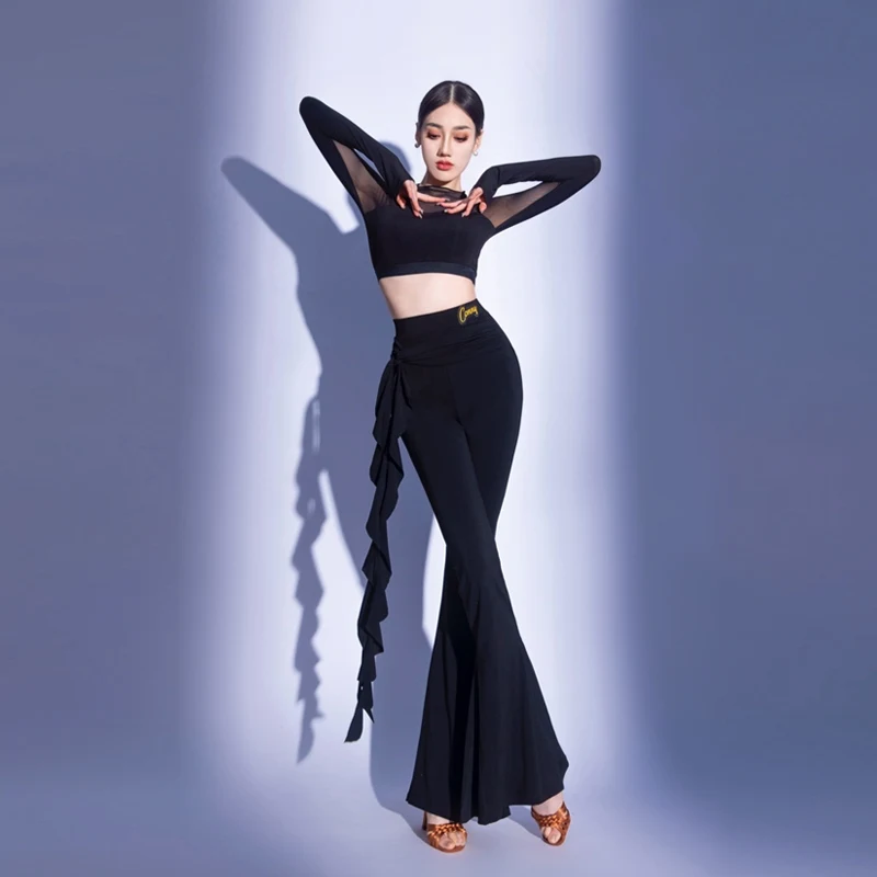 

Black Latin Dance Pants Rumba Samba Dance Practice Wear Flare Pants Ballroom Dancing Performance Costume ChaCha Dancewear YS5314