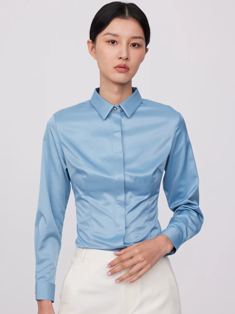 Women's Office Lady Non-iron Silk Touch Long Sleeve Shirt Without Pocket Hidden Buttons Placket Slim-fit Versatile Female Shirts