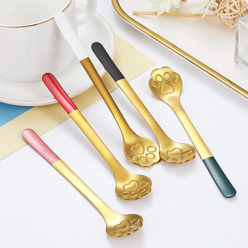 Creative Collision Color Cute Cat Claw 304 Stainless Steel Spoon Ice Cream Coffee Spoon Dessert Kitchen Tableware Accessories