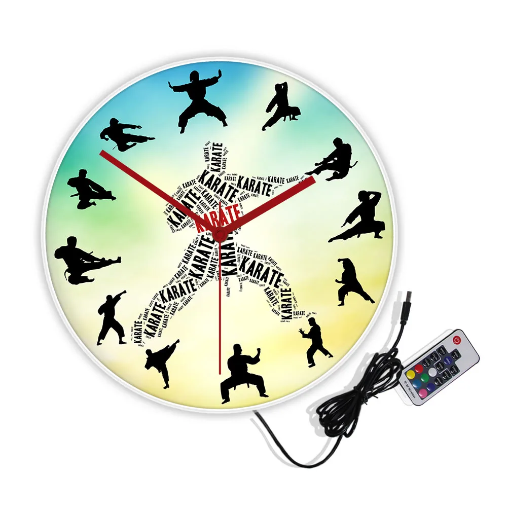 Karate Fighter LED Neon Sign Night Light Wall Clock For Man Cave Bedroom Japanese Martial Arts Home Decor LED Glowing Lamp Clock