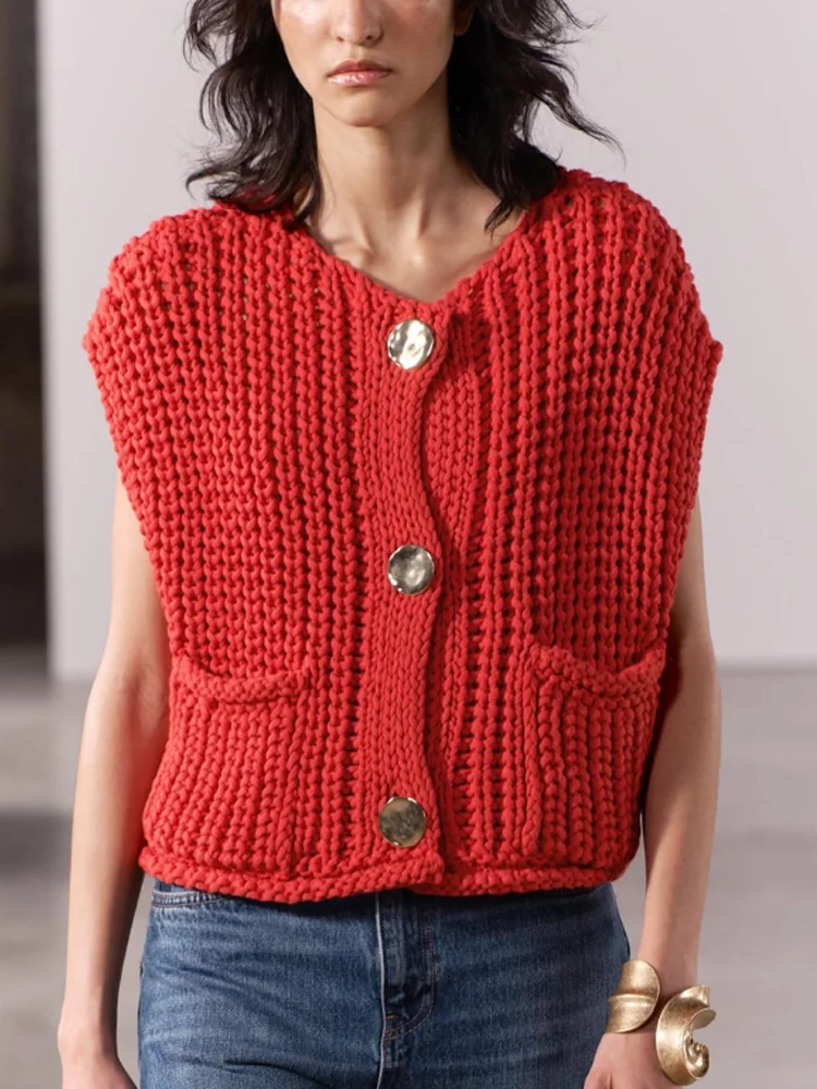 Vintage Women Red Vest 2024 Fashion Spring Summer Ladies Casual Commute Button Sleeveless Sweater Coarse Needle Knit Vest