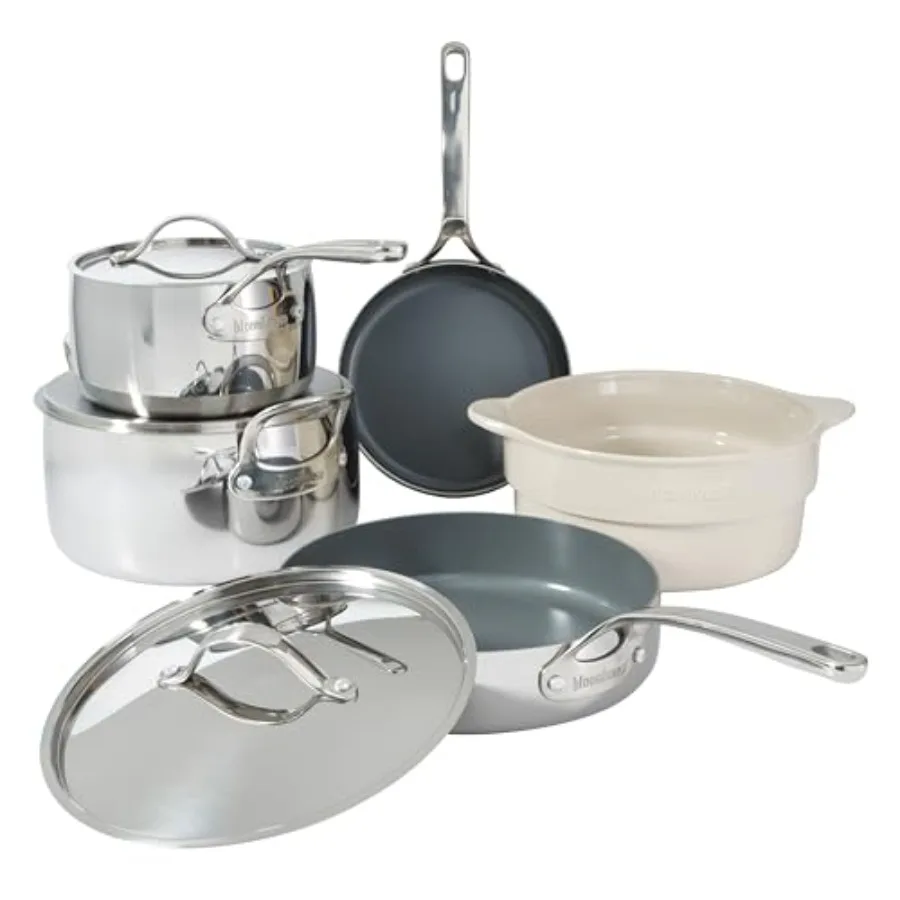 8 Piece Triply Stainless Steel Pots and Pans Cookware Set with Grey Non-Toxic Pro Ceramic Non-Stick Interior for Kitchen Cookin