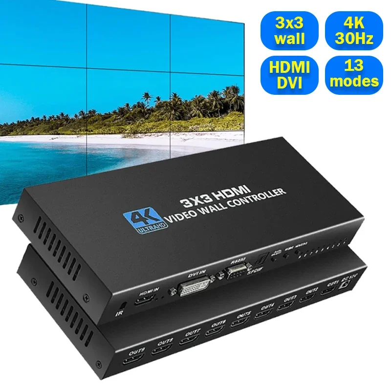 

3X3 Video Wall Controller 4K HDMI DVI TV Wall Controller Processor 3x3 2x3 2x4 4x2 LCD 9 Screen Splicing Splicer Box with RS232