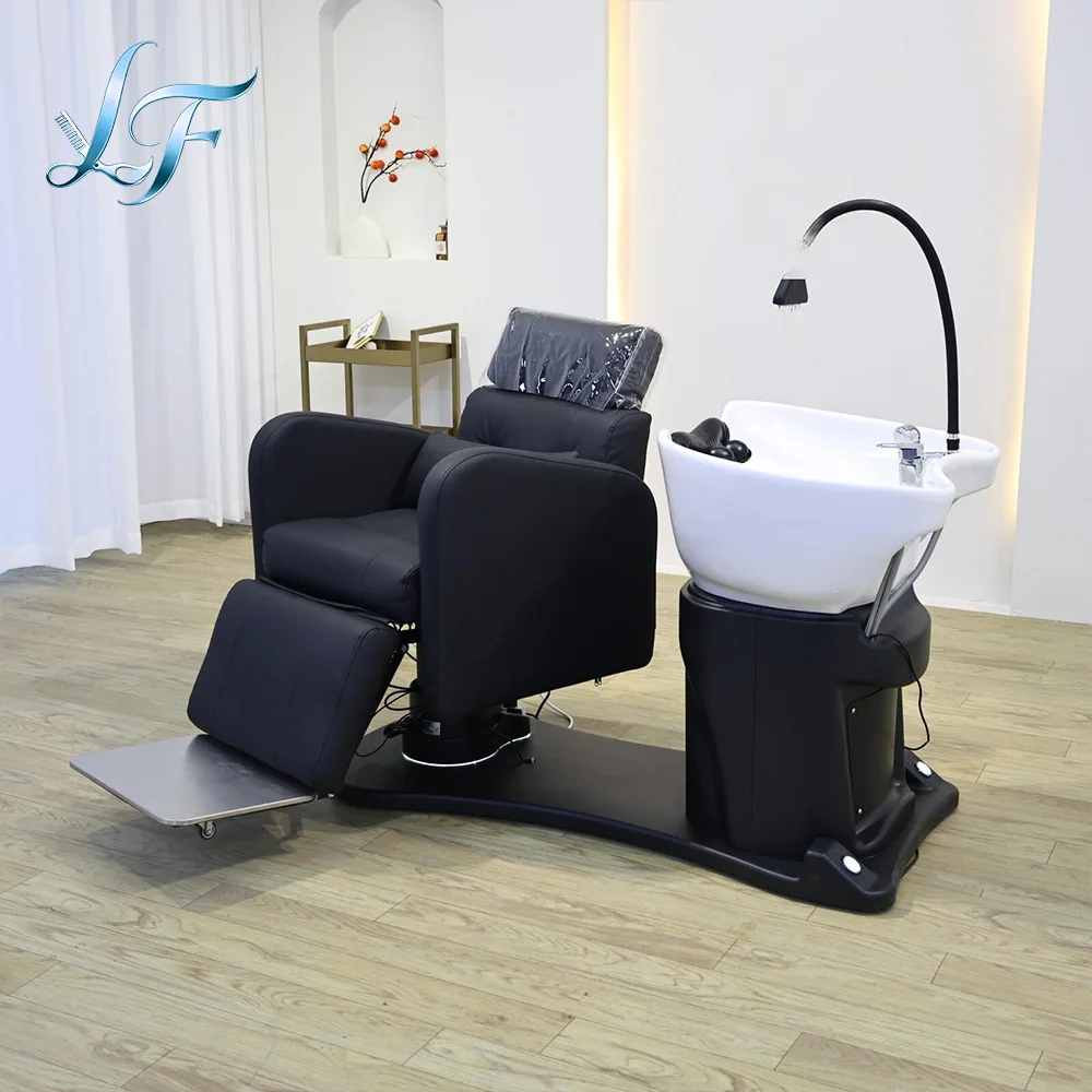 Salon Hair Wash Chairs Head Spa Equipment Black Synthetic Leather Shampoo Bowl Chair Rotating Shampoo Bed For Barbershops