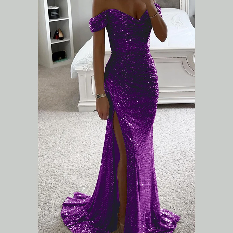 1 szt. Damska seksowna sukienka maxi na imprezę z rozcięciem, nowa sukienka z cekinami, dekolt typu one-line, modna, elegancka sukienka na bal, wieczorowa