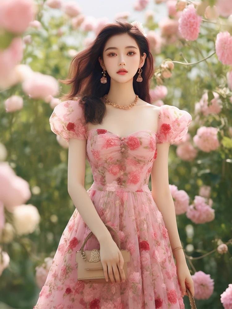 

Fashion Elegant Dress Flower Print Pleated Design Square Collar Puff Sleeve Long Dresses Summer Sweet Female Slim Women Clothing