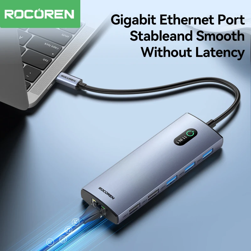 Imagem -05 - Rocoren-dock Station para Macbook Air Pro Samsung Xiaomi Laptop Usb c Hub pd 100w Leitor de sd Rj45 Usb 3.0 Splitter em 11 em 1