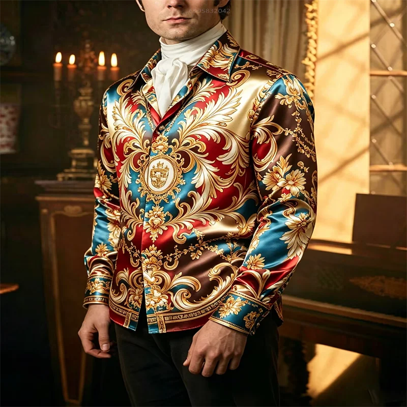 Luxury Men Satin Long Sleeve Shirt Retro Royal Baroque Floral Medallion Print Button‑Up Shirt Club Wedding Formal Casual Blouse