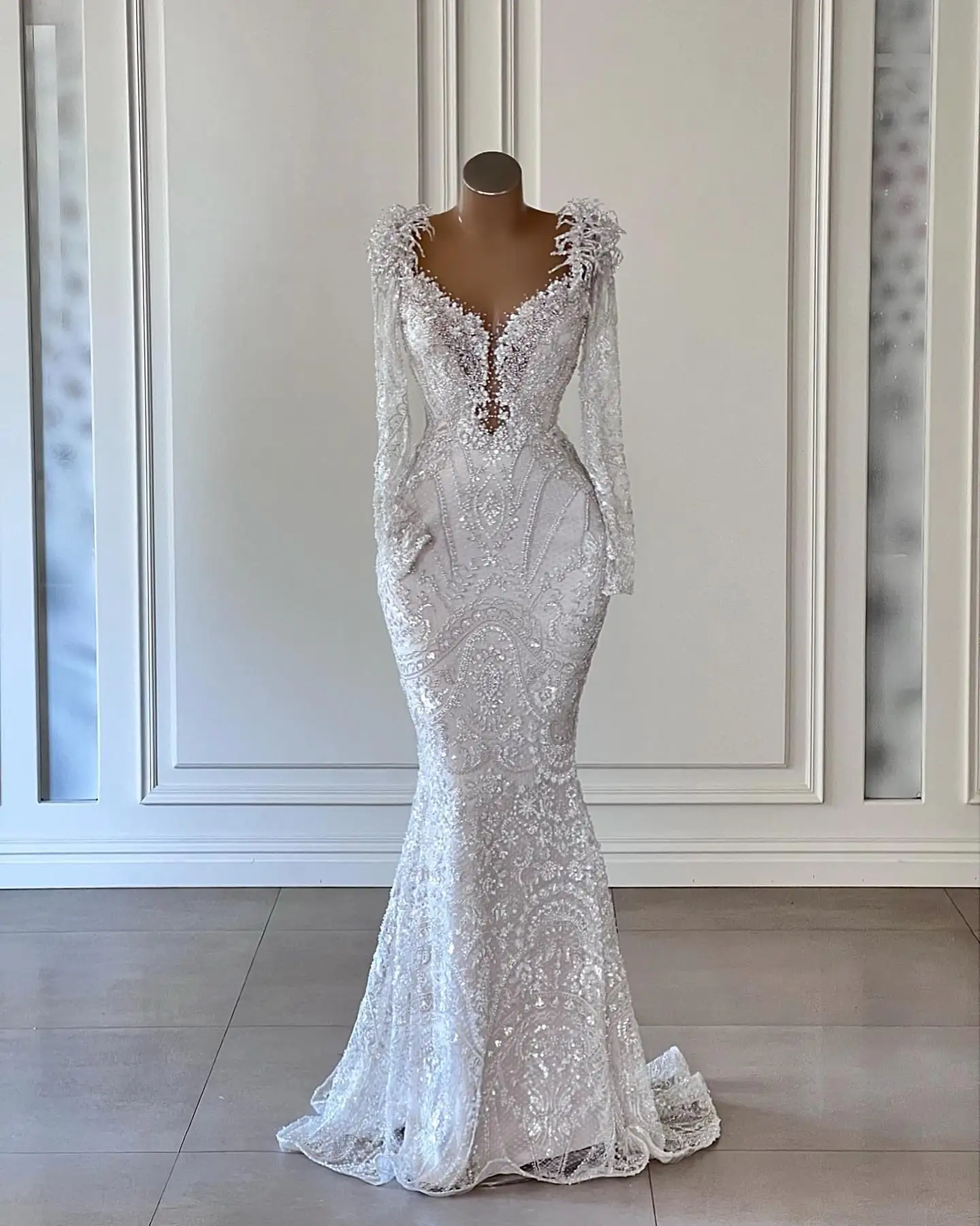 Vestido De Novia De lujo con cuello en V, largo hasta el suelo, sirena, Formal, con cuentas, apliques De lentejuelas, Vestidos De Novia De manga larga