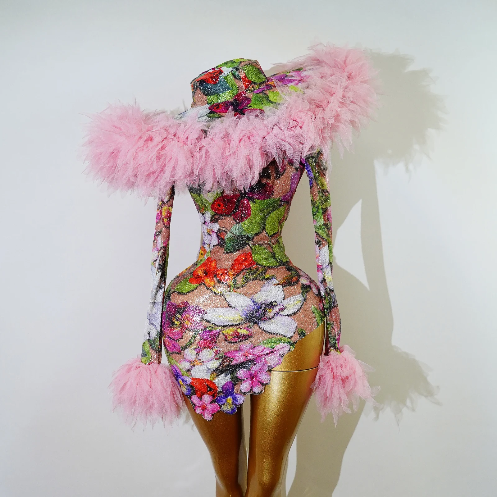 Gorgeous Dazzling Sequin Dress with Hat Set for Bar Nightclub Dance Women Flower Sexy Jumpsuits Circus Performances
