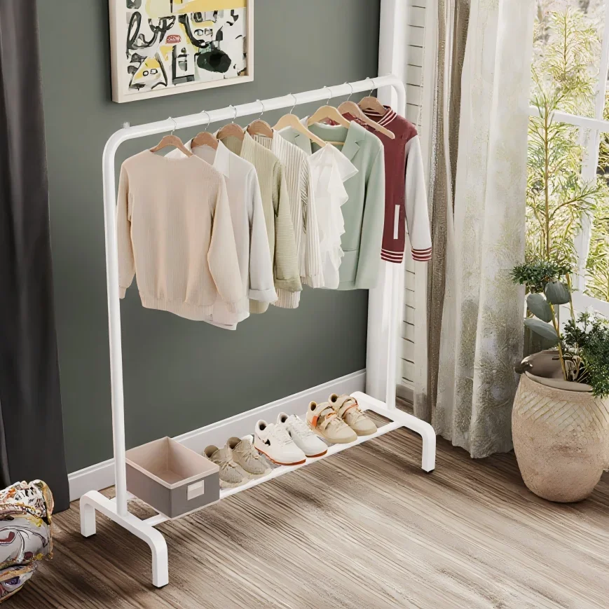 2026 Customized Single-Rod Clothes Drying Rack With Metal Bottom Shelf Home Use Garment Rack Clothing Organizer Coat Standpromot