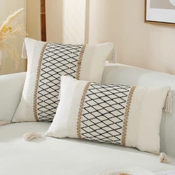 Beige Cushion Cover For Sofa Pillow Linen Stripe Diamond Woven 45x45cm Boho Style Farmhouse Decoration Tassels Home Room Couch
