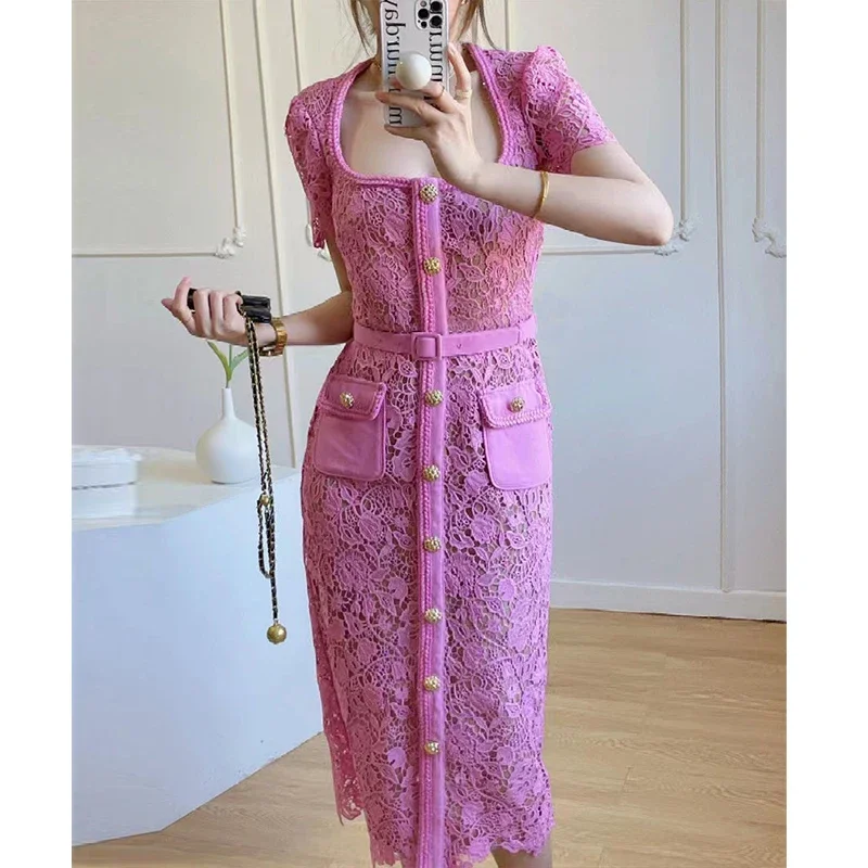 

Elegant Women's Dress Pink Lace Single-breasted Vintage Vestido Party Golden Button Streetwear Luxury Bodycon Hollow Out