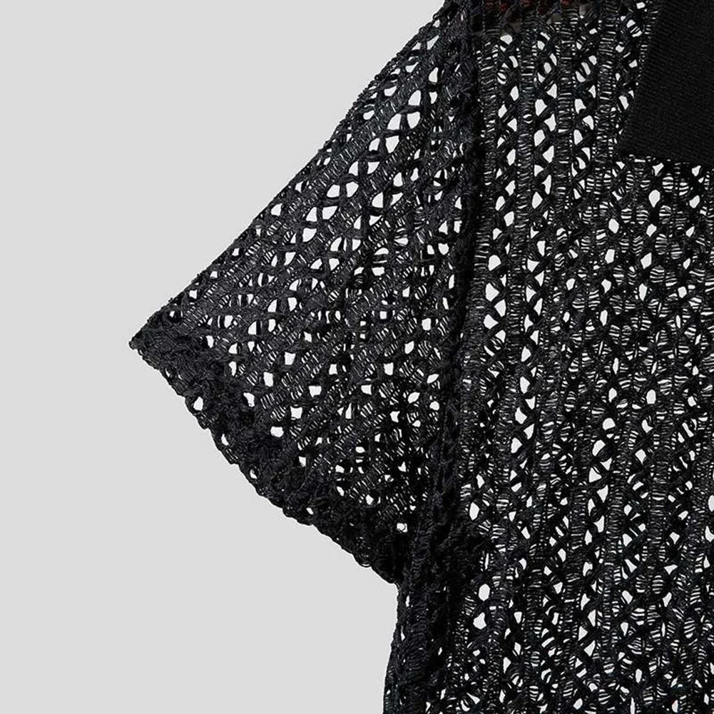 

New Men Sexy Summer Mesh See Through Hollow Out Lapel Short Sleeve Shirt Fashion Streetwear Fashion Knitted Loose Male Shirts