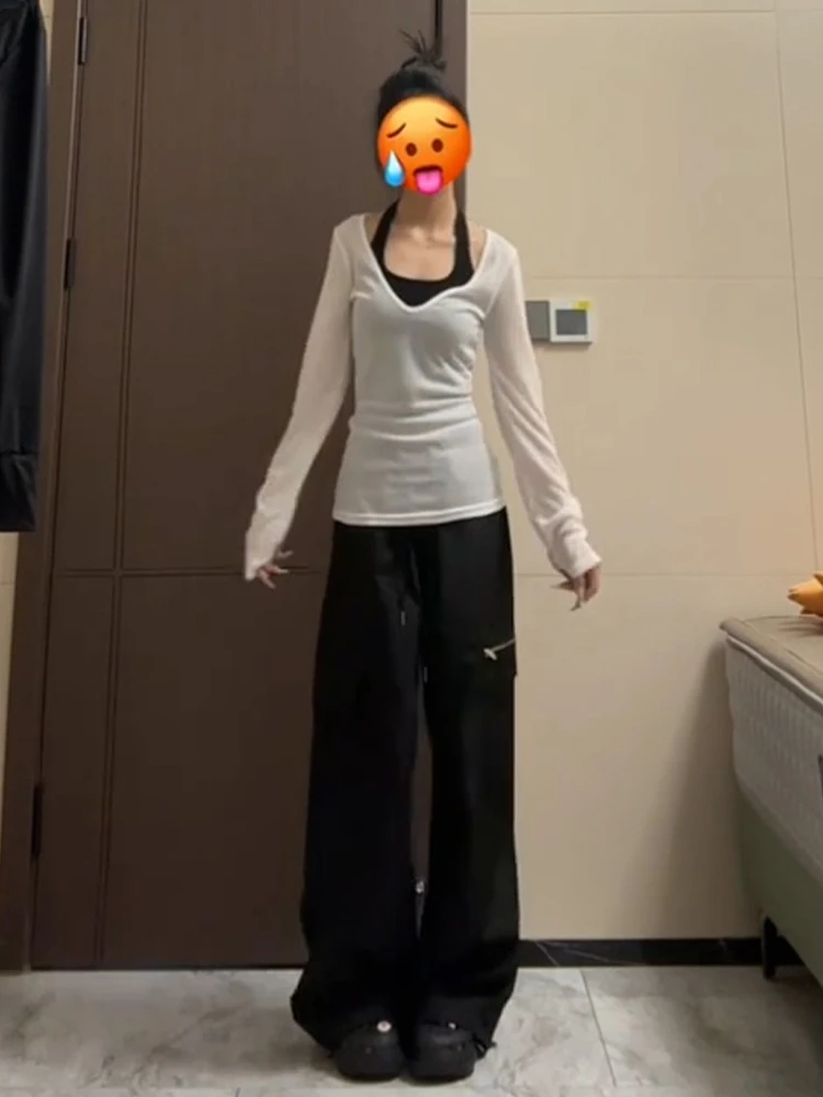 Blanc V-Ne Long Sve haut tricoté coupe ample conception mince décontracté Sle début d'automne nouveauté femmes T-shirt Polyester Co...