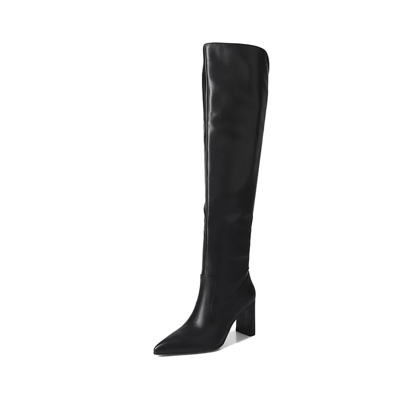 Arden Furtado 2024 Microfiber trouser legs boots Pointed toe Pleated Chunky heels Over the knee boots large size women's boots