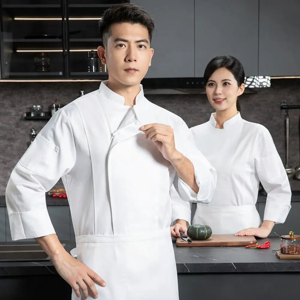 Mens Chef Workwear Zipper Jacket Restaurant Kitchen Uniform Moisture Wicking Short Long Sleeve Baking Professional Top