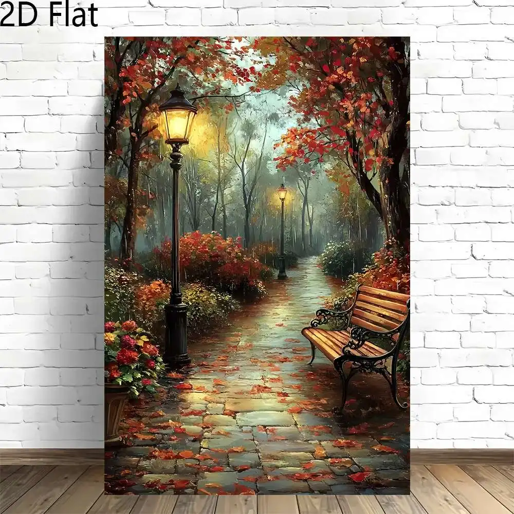 (No frame)2D Flat, 2D Flat, 2D Flat 1pc Autumn-Themed Canvas Art Featuring a Park Pathway with a Lamppost, Ideal for Decorati