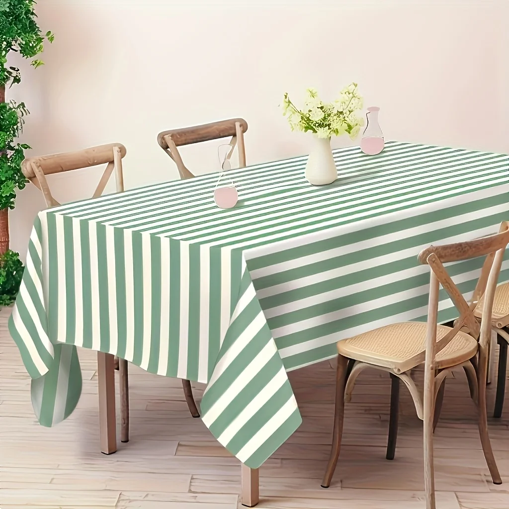 Elegant Green & White Striped Tablecloths, Rectangular Polyester Tablecloths for Home Dining, Birthdays, Weddings, Parties