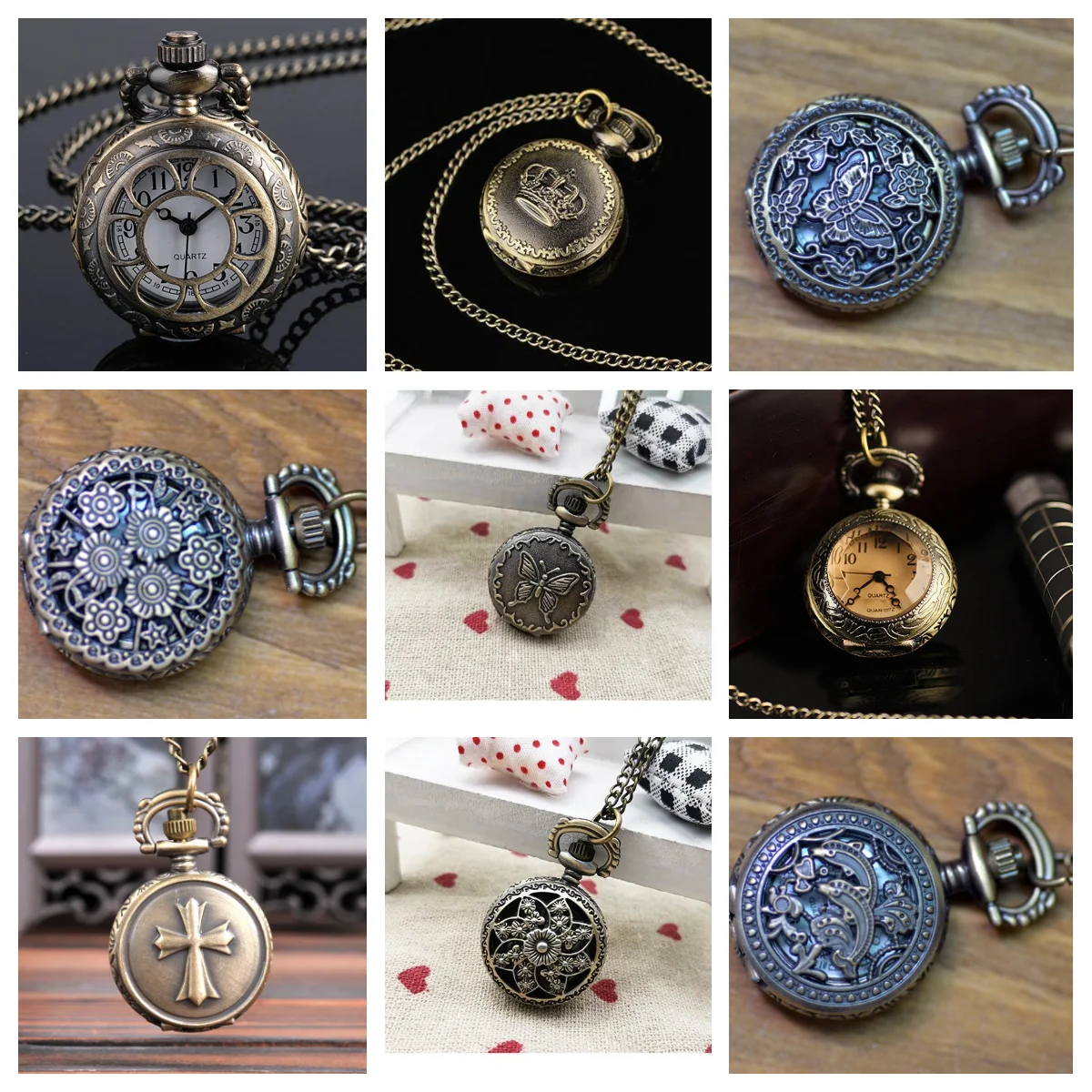 10 قطعة/الوحدة خمر ساعة الجيب الصغيرة Steampunk ساعة كوارتز مع سلسلة جوفاء غطاء القلب قلادة اللون البرونزي سبيكة فوب ساعة