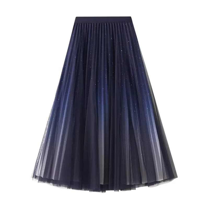 Women's Starry Gradient Tulle Midi Long Skirt Autumn Winter Fashion Elegant Sweet Pleated A Line High Waist Skirts For Woman