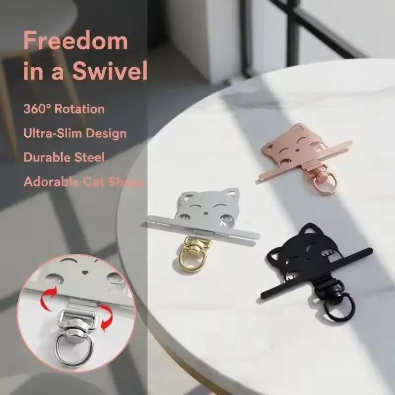 Cute Cat Stainless Steel Phone Lanyard Clip Patch 360° Rotatable Anti-lost Phone Case Hanging Rope Snap Detachable Ultra-thin