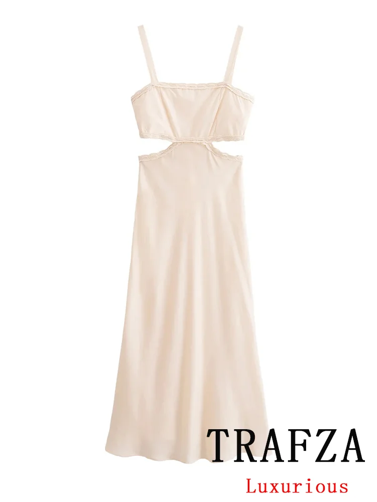 TRAFZA Vintage Chic Solid  Women Dress Sleeveless Backless Hollow Out Dress New Fashion 2024 Summer Chic Beach Party Dress