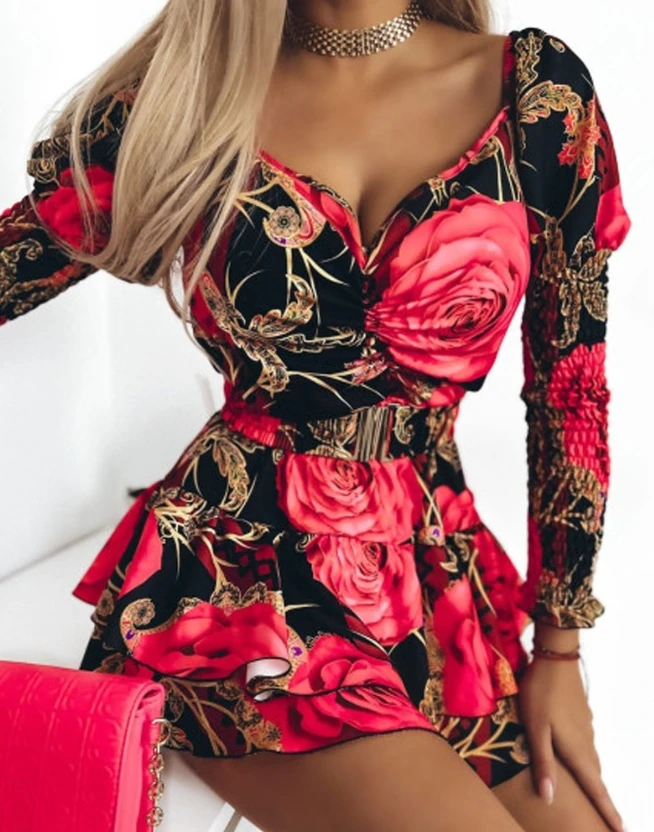 

Printed Shired Heye Edge Layered Pleated Dress with Bubble Long Sleeved V-Neck Sexy New High Waist Mini Dress 2023