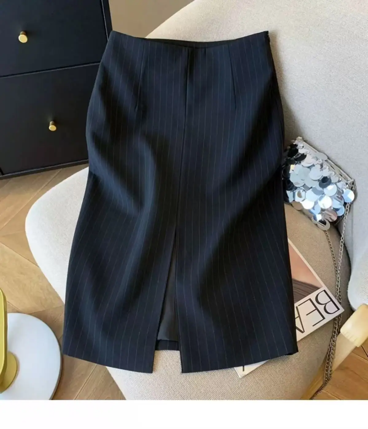 

Весенне-осенняя элегантная пригородная юбка-миди, прямая профессиональная формальная юбка с высокой талией для похудения, костюм в полоску с разрезом для женщин