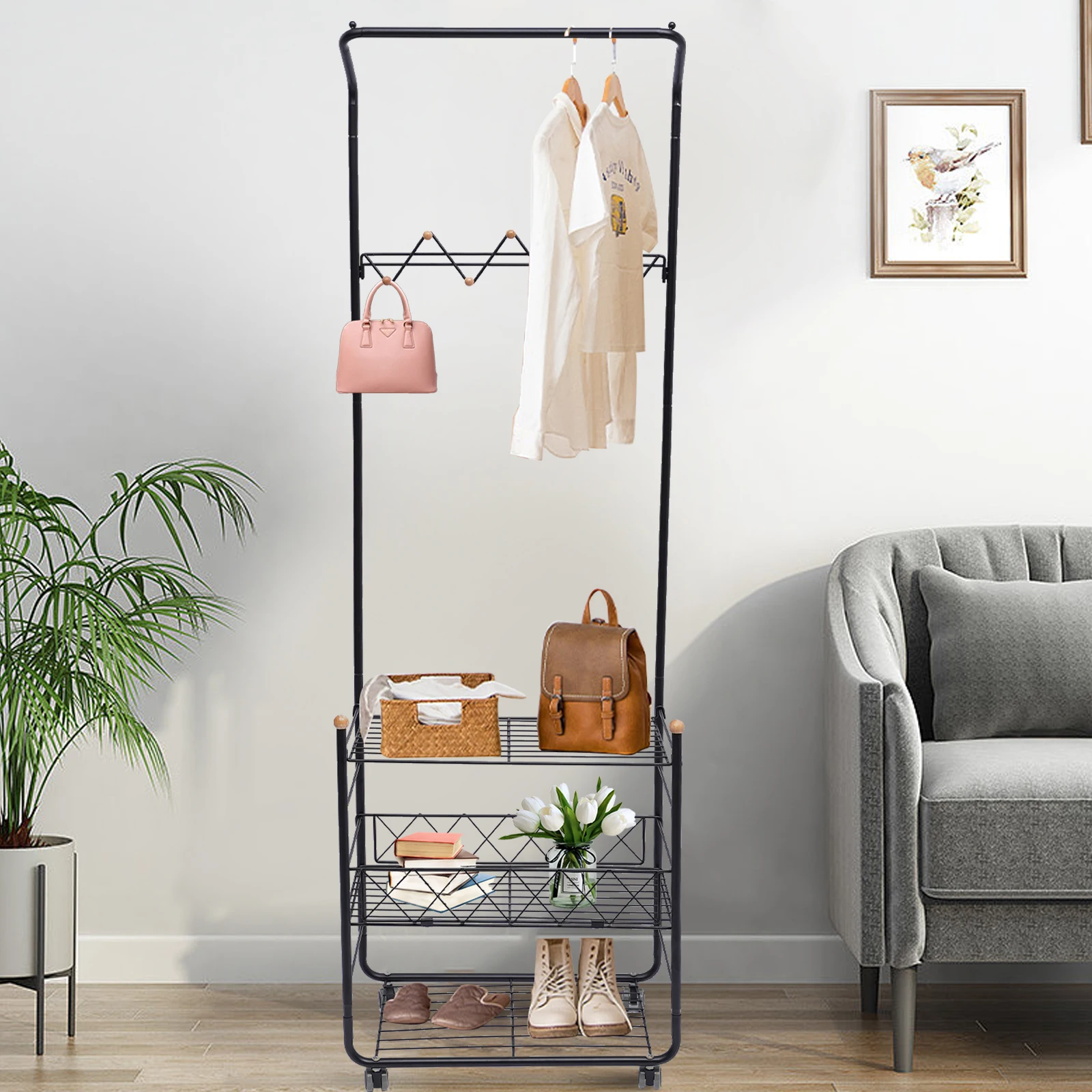 3-Tier Vestuário Rack com cesta de metal, 3-em-1 roupas de rolamento Rack, 7 ganchos