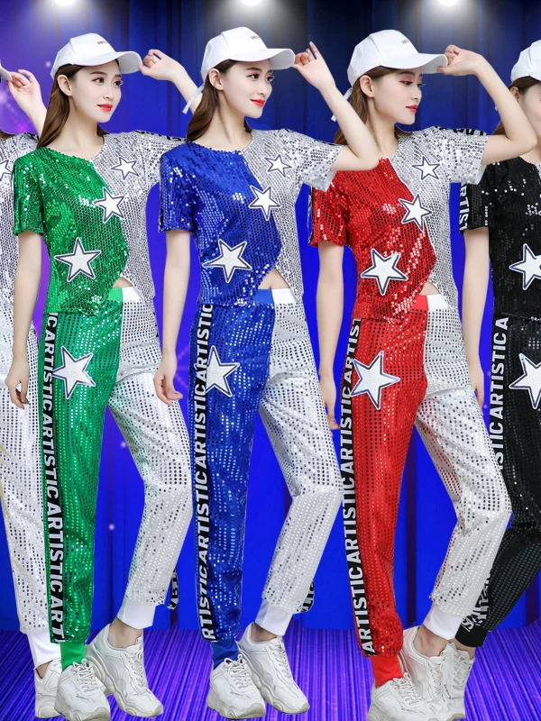 

Performance Outfit Set Sparkling Sequin Long Pants for Women Modern Dance Hip Hop Student Cheerleading Jazz Dance Costume