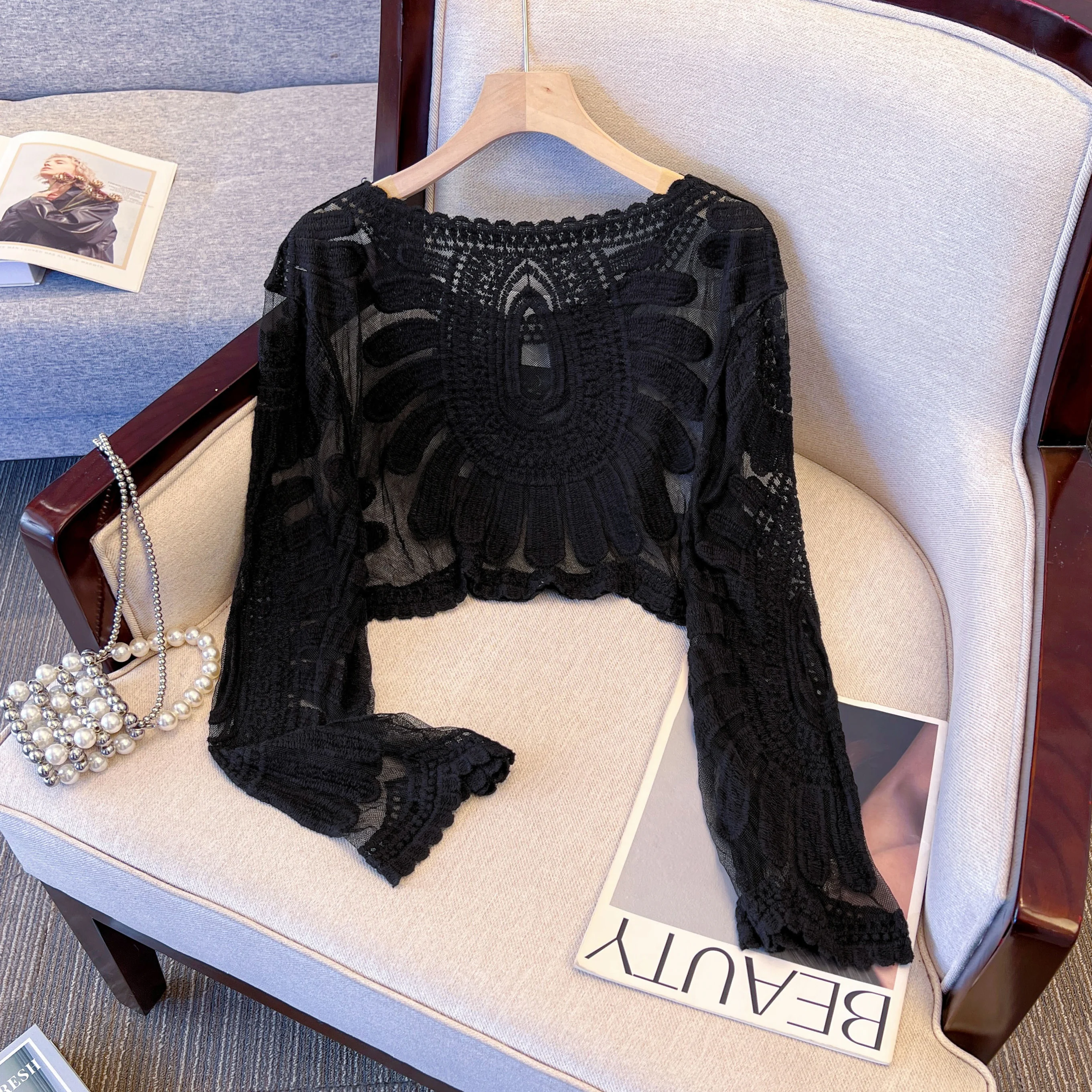 

Summer women's beach cover, mesh embroidered hollow round neck long sleeved top, thin casual vacation sun protection shirt