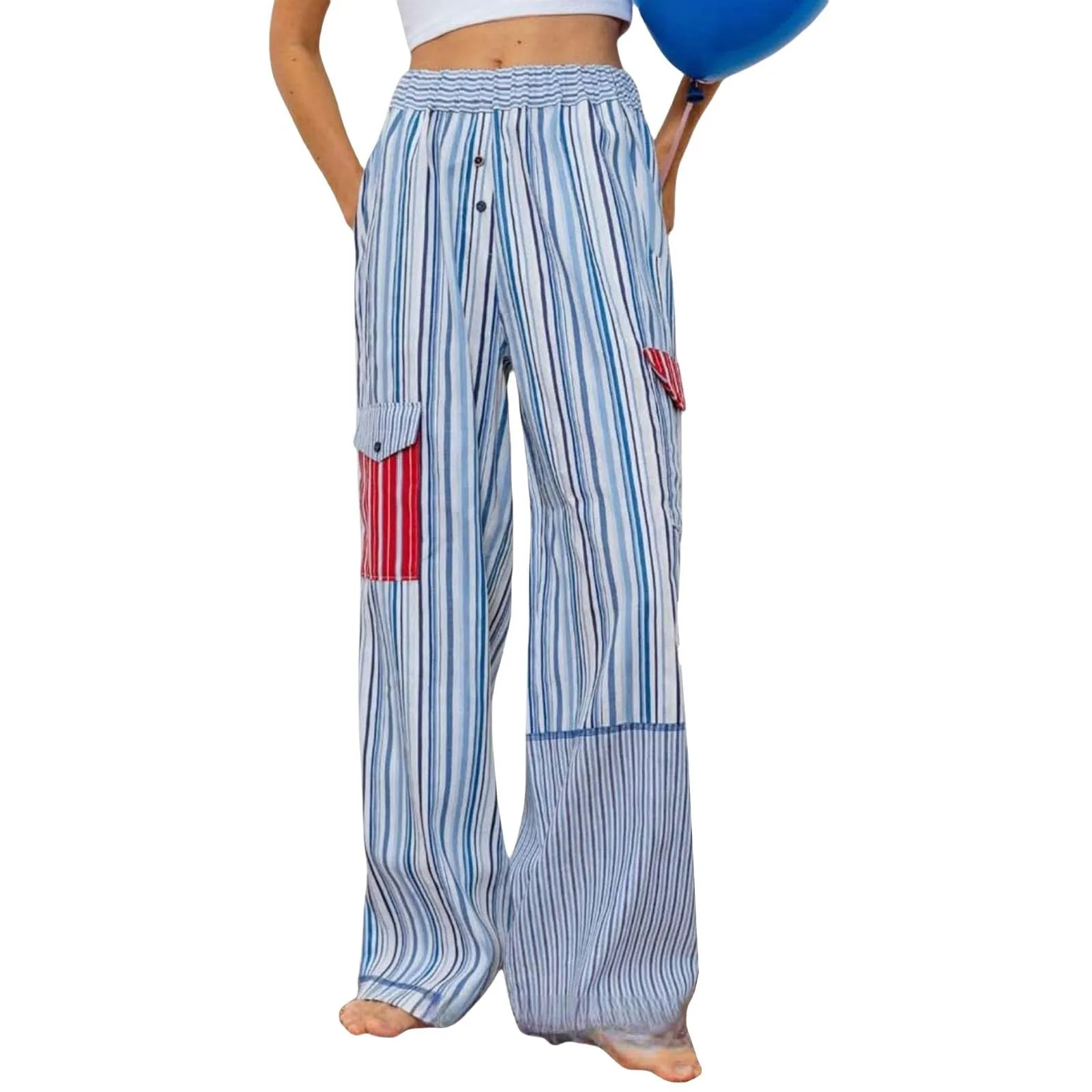 Женские цветные полосатые брюки с карманами, повседневные широкие прямые брюки средней посадки в стиле пэчворк, модные удобные брюки