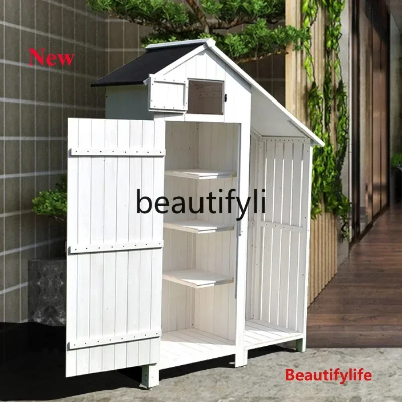 LHY26 ss Outdoor Storage Tool Box Functional Rainproof Solid Wood Garden Balcony Shovel
