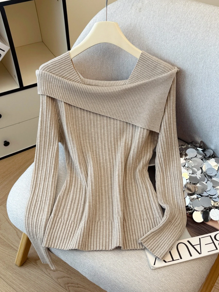 

Blubelle New Autumn Winter Women's Off The Shoulder Knit Top Soft Hue Korean Style Lazy Chic Design Pullover﻿