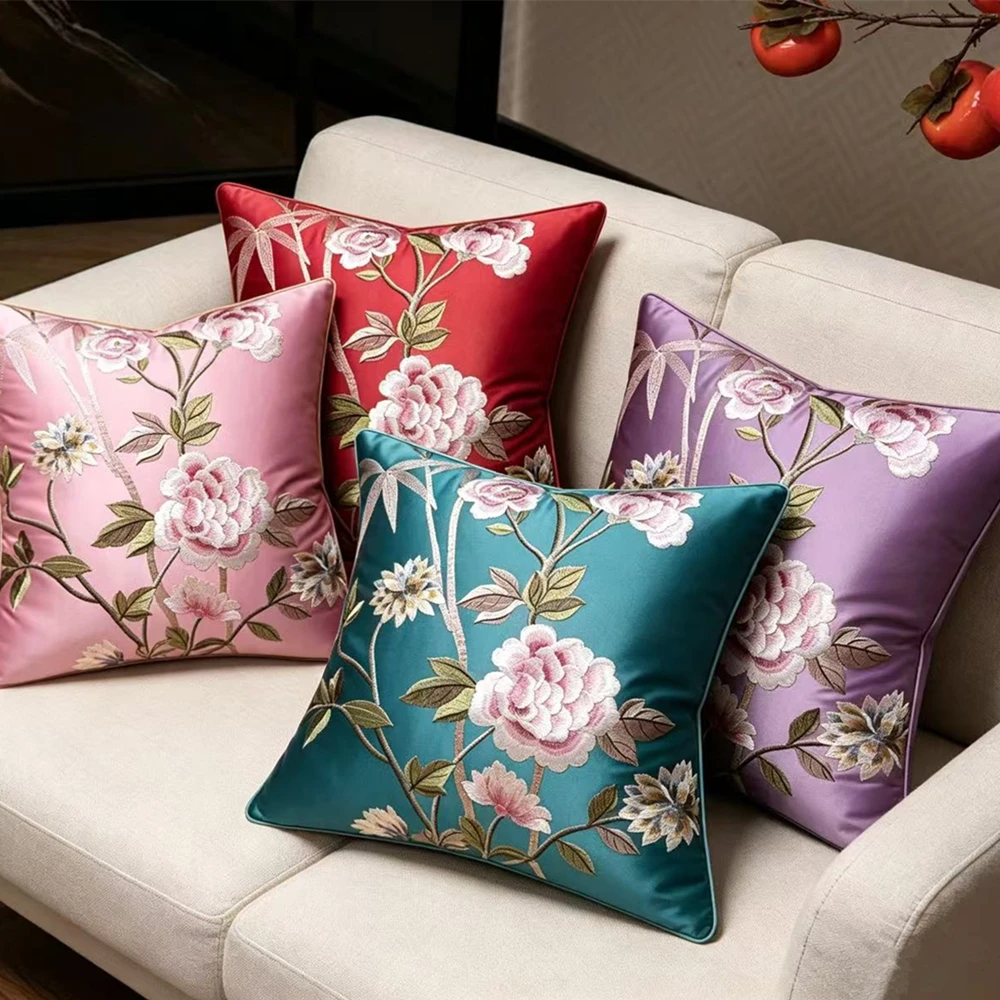 

Luxury 1 Piece Pack 18x18" Embroidered Pillow Case Designer Cushion Cover Floral Purple Pink Chinese Style Sofa Cushion